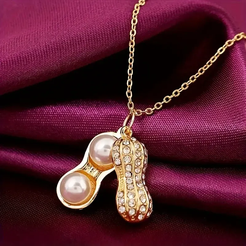 Подвеска в форме арахиса с жемчугом и кристаллами циркония – позолоченная цепочка Киев - изображение 1