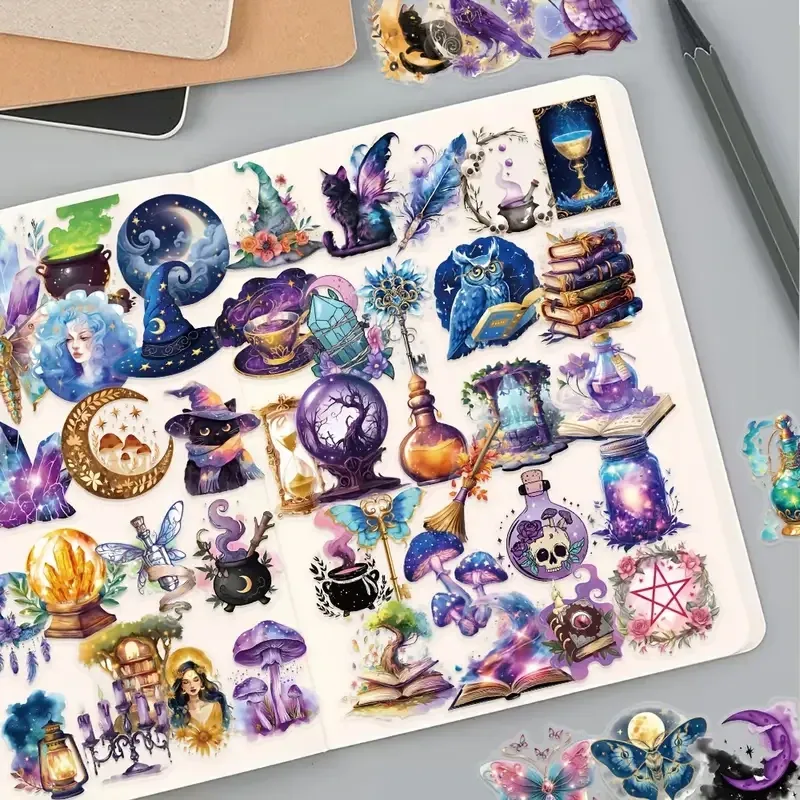 Набір наліпок “Магічний світ” – 50 шт. вінілові наклейки з відьмами, кристалами, чорними котами та зіллям Київ - фото 1