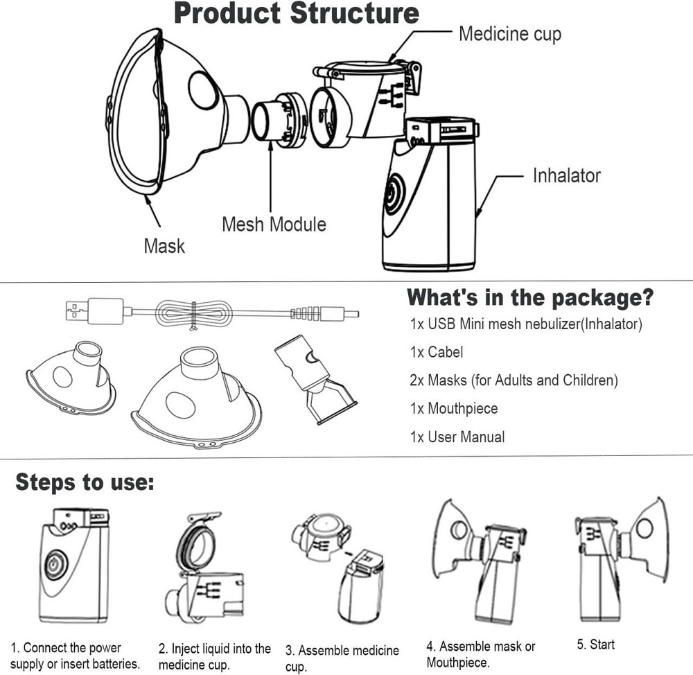 Небулайзер ультразвуковий портативний, аерозольний інгалятор для дітей та дорослих з масками та мундштуком для дому помаранчевий Київ - фото 8