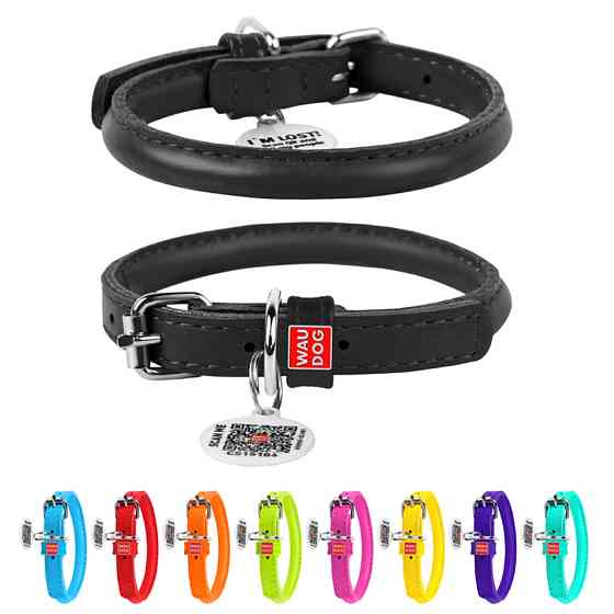 Нашийник для собак шкіряний WAUDOG Glamour з QR паспортом, круглий, Д 8 мм, Дов 25-33 см чорний Коломия