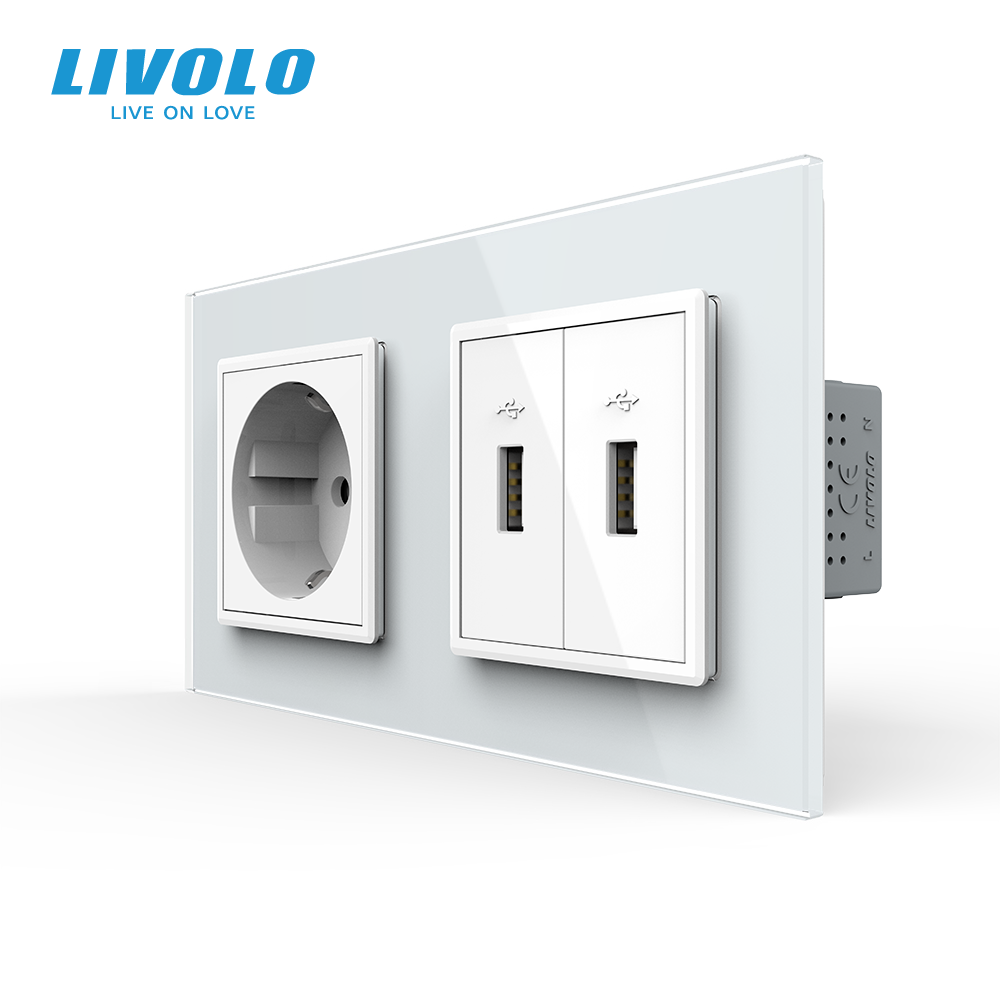 Розетка з заземленням з 2 USB розетками Livolo білий скло (VL-C7C1EU2USB-11) Коломыя - изображение 2