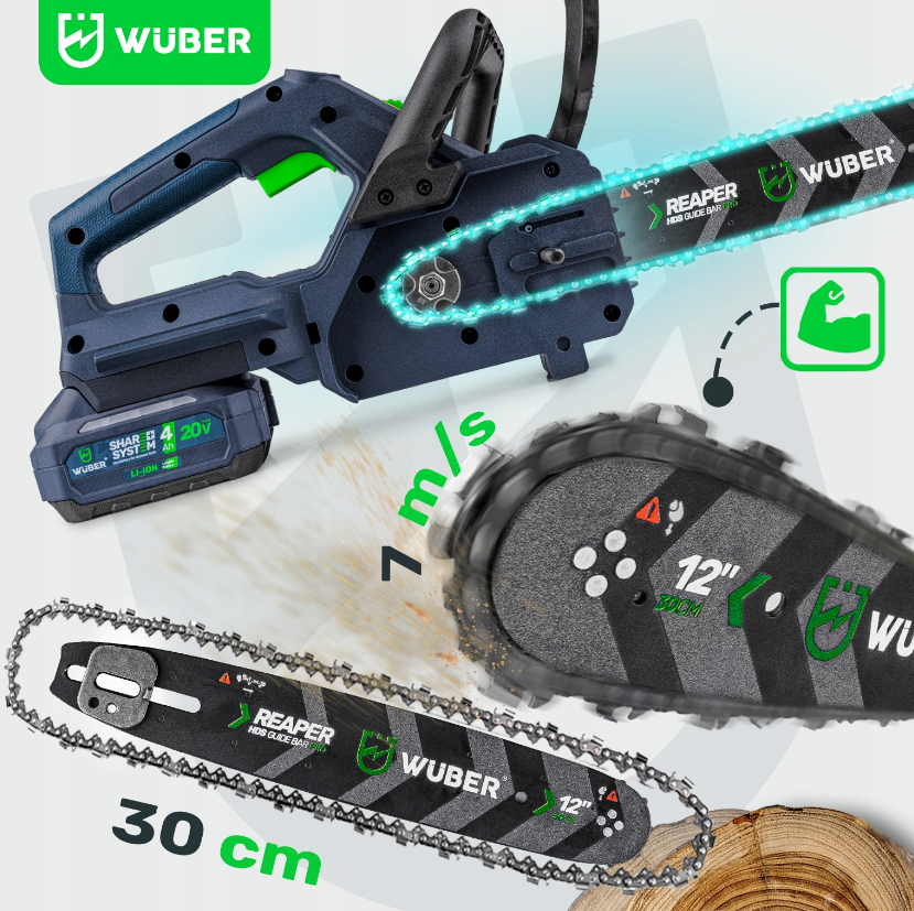 Аккумуляторная пила цепная + 2 аккумулятора 4Ач 20В + шина 30см Wuber (Польша) Киев - изображение 7
