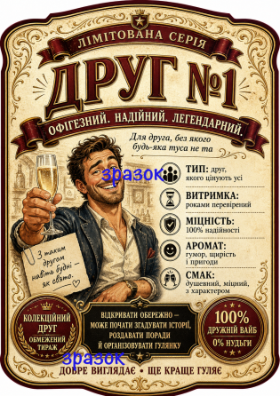 Етикетки на пляшку вина або ігристого для друга “Друг №1” | Прикольний подарунок другу | Комплект етикетка + контретикетка Одеса