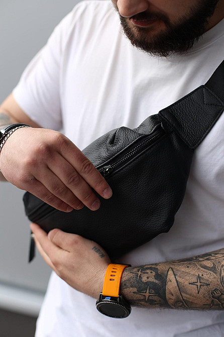 Бананка із натуральної шкіри, шкіряна сумка на пояс SKILL Taller (Чорна) Суми - фото 6