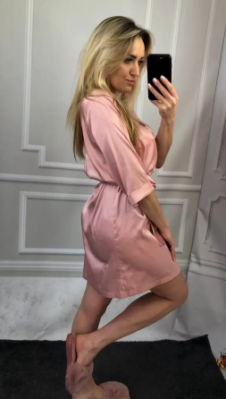 Халат жіночий шовковий під пояс Пудровий L Харків