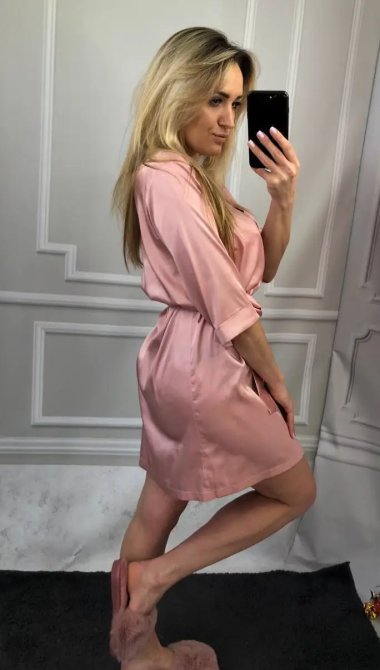 Халат женский шелковый под пояс Пудровый L Харьков - изображение 1