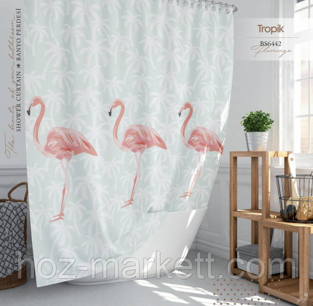 Тканевая шторка для душа Тропик 180 х 200 см Турция фламинго Харьков - изображение 1