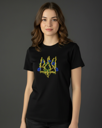Женская Футболка вышитая с Тризубом ( колоски и васильки) черная Киев