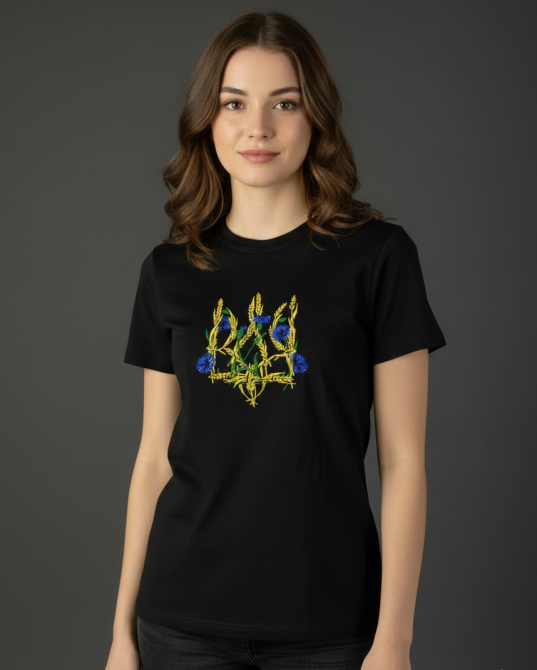 Женская Футболка вышитая с Тризубом ( колоски и васильки) черная Киев - изображение 2