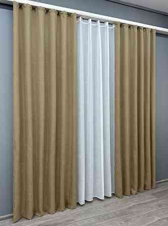 Комплект штор VR-Textil Льон Мішковина 150х270 2шт і Тюль 500х270 673ш-115т Капучино з білим 71-035/4 Київ