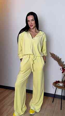 Женский стильный костюм тройка: кофта топ и штаны велюр плюш Лимонный, 44/46 Одесса