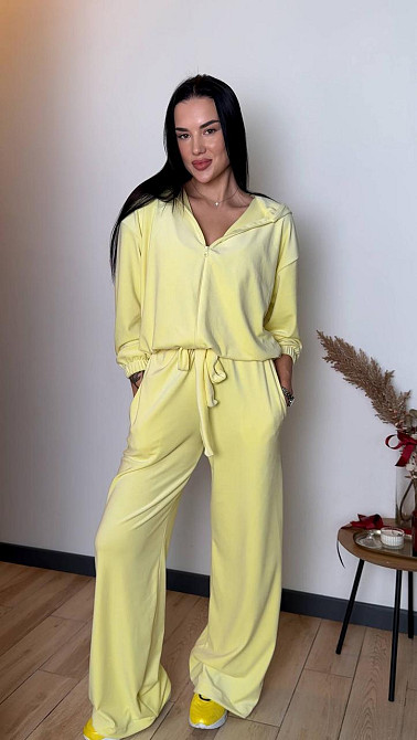 Жіночий стильний костюм-трійка: кофта топ і штани велюр плюш Лимонний, 44/46 Одеса - фото 3