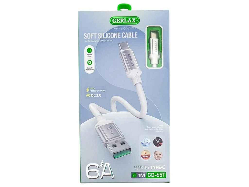 Кабель USB - Type-C GD-65T 6A QC3.0 MI TURBO CHARGE силіконовий білий 1м ТМ GERLAX Київ - фото 1