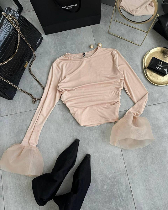 Жіночий стильний лонгслів з воланами з  турецької віскози + органза Одеса - фото 2