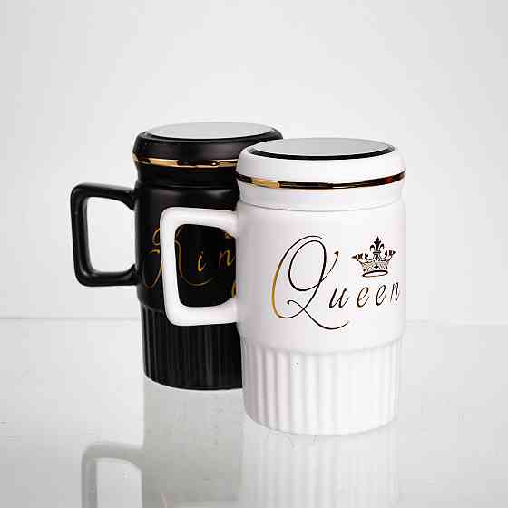 Набір парних порцелянових чашок з кришкою 2 (шт) по 450 (мл) Чорний з білим Yiwu FM-26 Коломия