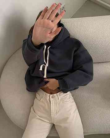 Жіноча стильна оверсайх худі турецька тринитка на флісі ПЕНЬЕ Графіт Одеса