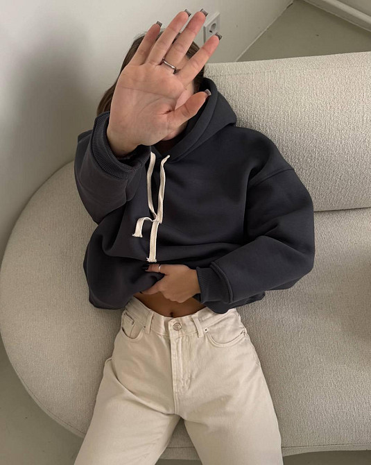 Женская стильная оверсайх худи турецкая трехнить на флисе ПЕНЬЕ Графит Одесса - изображение 3