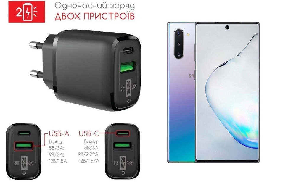 Сетевое зарядное устройство для Samsung Galaxy Note 10+, 20W 3A, Quick Charge 3.0 Киев - изображение 1