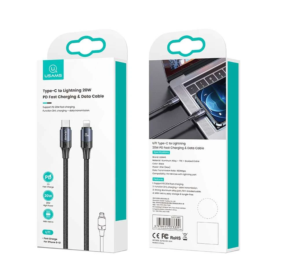 Кабель Usams US-SJ522 U71 Type-C to Lightning 20W PD Fast Charging 2m black Київ - фото 2