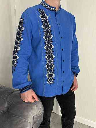 Мужская вышиванка в традиционном украинском стиле домотканый лен Голубой, 50 Одесса