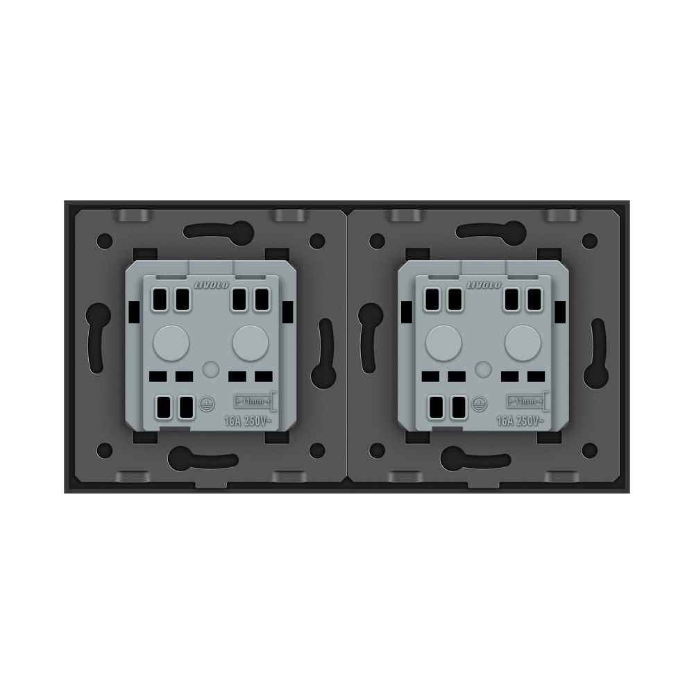 Подвійна електрична розетка вологозахисна з кришкою IP44 з заземленням, LIVOLO, чорна, скляна матова рамка, шторки, 250В 16А Коломия - фото 6