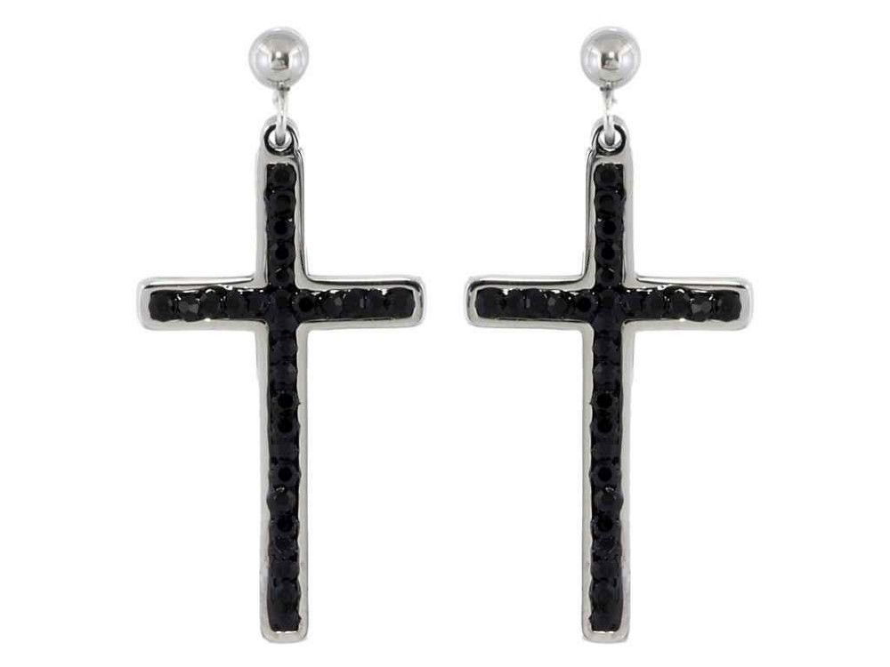 Сережки Stainless Steel Родій пусети «Хрестики з чорними кристалами» (215045) ТМ XUPING Київ - фото 1