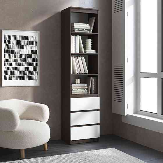 Пенал для книг VAYS R-25 Венге Темний-Білий фасад, з відкритими полицями та шухлядами, без ручок, ЛДСП, 50×40×211 см - для вітальні, спальні, офісу Львів