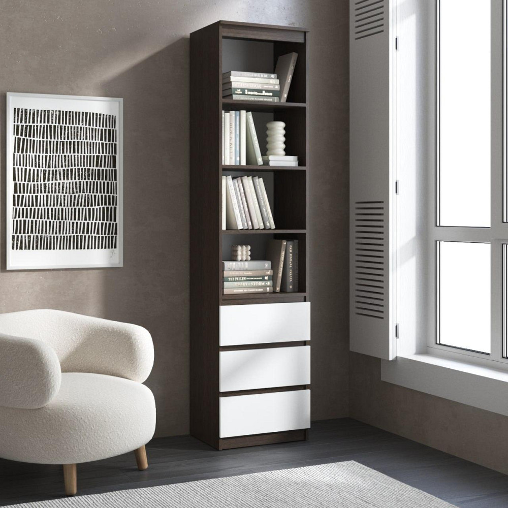 Пенал для книг VAYS R-25 Венге Темний-Білий фасад, з відкритими полицями та шухлядами, без ручок, ЛДСП, 50×40×211 см - для вітальні, спальні, офісу Львів - фото 1