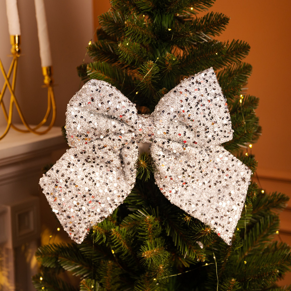 Серебристый новогодний бант с пайетками для елки Киев - изображение 2