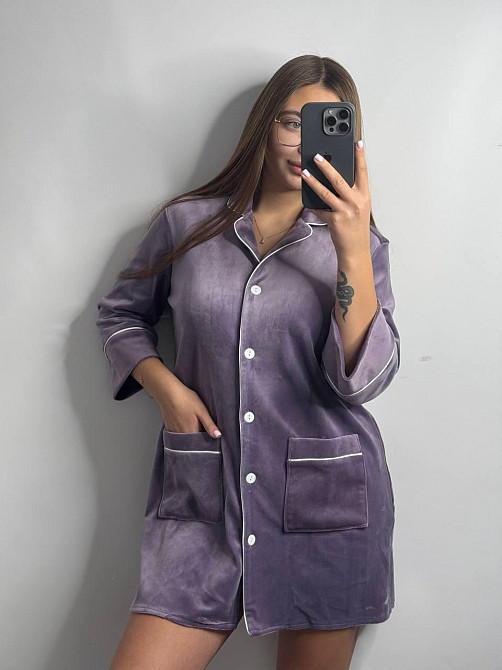 Женская рубашка-халат плюш-велюр Лиловый б/к XL-XXL Харьков - изображение 3