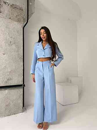 Женский деловой брючный костюм двойка: жакет и брюки костюмка Голубой, 46/48 Одесса