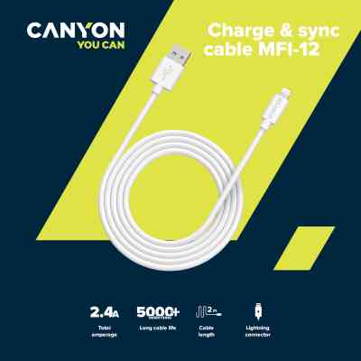 Дата кабель USB 2.0 AM to Lightning 1.0m MFI white Canyon (CNS-MFIC12W) Вінниця