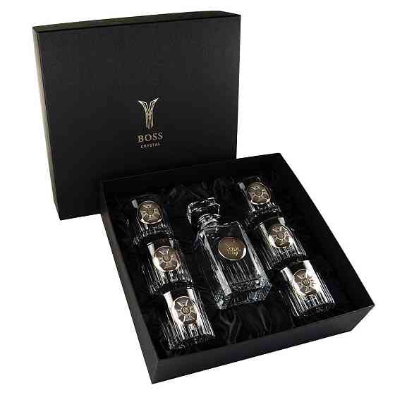 Набір для віскі "МНС" 6 келихів 360 мл, графін 750 мл, кришталь з платиною, зображення зі срібла з позолотою Рівне