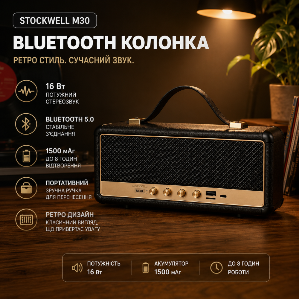 Портативна Bluetooth колонка StockWell III M30 ретро акустика бездротова 16 Вт вбудований акумулятор FM-радіо чорна Київ - фото 1