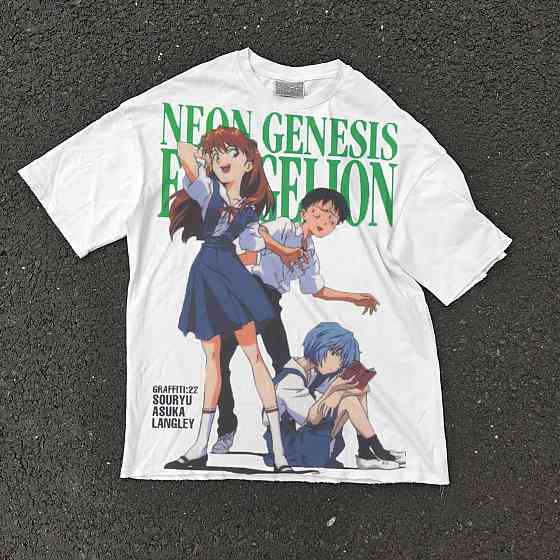 Футболка чоловіча з принтом аніме Євангеліон Асука Схінджі Реі оверсайз (S/M/L) Черний Дніпро
