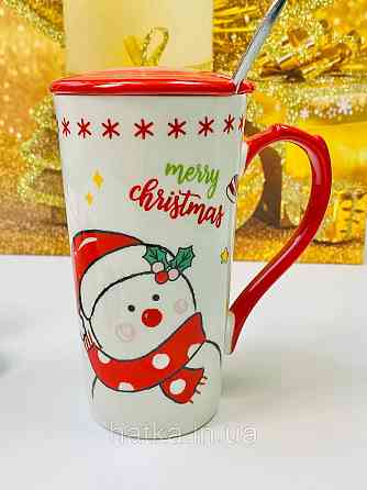 Кухоль з кришкою та ложкою керамічний новорічний Olens "Біг-Сніговик" 380 мл 102-1088с Київ