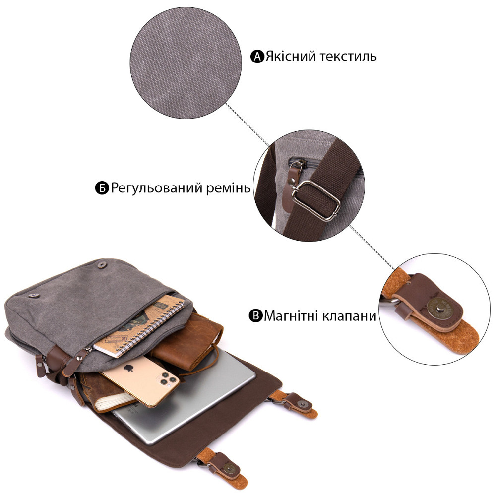 Сумка почтальонка текстильна Vintage 20605 Сіра Київ - фото 4