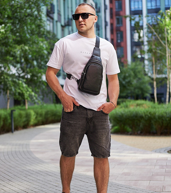 Слинг кожаный мужской на плечо18х32х8, нагрудна сумка рюкзак для студента TIDING BAG TH-73583 черная Каменское - изображение 3