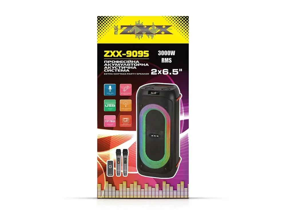 Портативна акустична колонка ZXX-9095 80Вт 2х6,5" Bluetooth, TWS, LED-підсвічування, 2 мікрофони та пульт ДК Одеса - фото 2