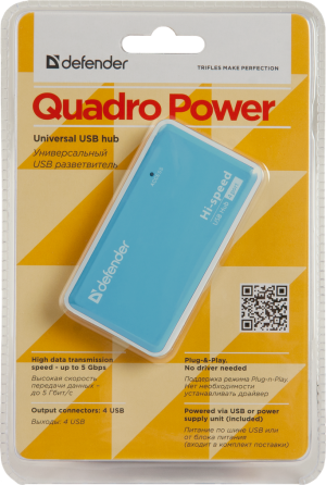 USB-хаб Defender Quadro Power+Adapter 4xUSB 2.0 220V (83503) (6054145) Київ