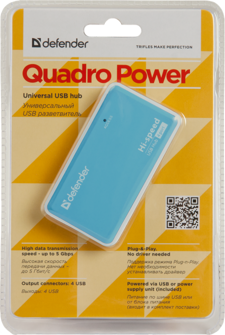 USB-хаб Defender Quadro Power+Adapter 4xUSB 2.0 220V (83503) (6054145) Київ - фото 6