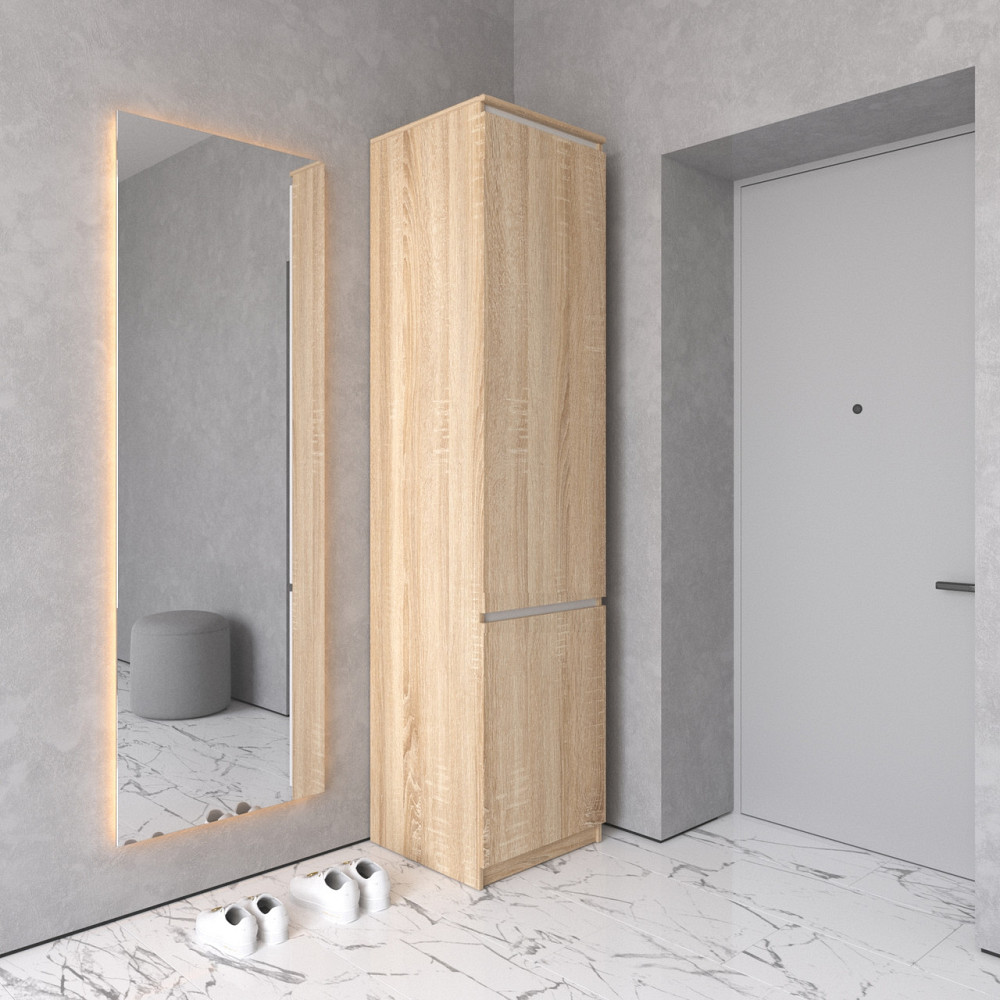 Шкаф пенал VAYS R-21 Дуб Сонома-Белые планки, с полками и штангой, без ручек, ЛДСП, 50×50×211 см - для одежды и обуви, в прихожую Львов - изображение 1