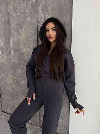 Женский теплый повседневный комбинезон с капюшоном трехнить на флисе Графит, 48/50 Одесса