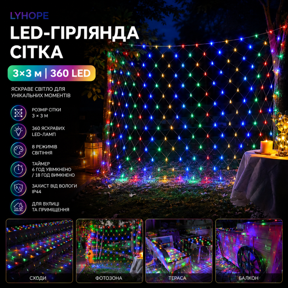 Світлодіодна гірлянда-сітка LYHOPE 3x3 м (360 LED) — Багатоколірна підсвітка для фотозони, таймер, IP44 Київ - фото 5