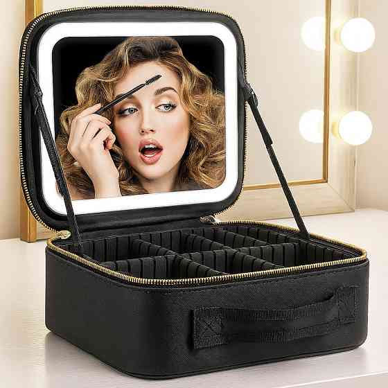 Косметичка дорожня з LED дзеркалом (26х23х11см), Чорна / Портативна косметичка-валіза / Органайзер для косметики Київ