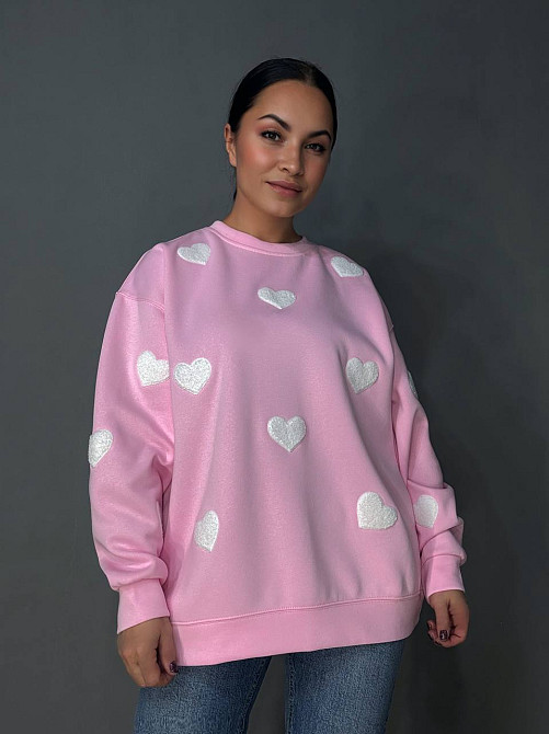 Свитшот женский W 2975 оверсайз с объемными сердцами, розовый, one size Киев - изображение 15