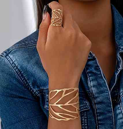 Браслет и кольцо в форме листьев золотистый набор женский открытый браслет манжета Киев
