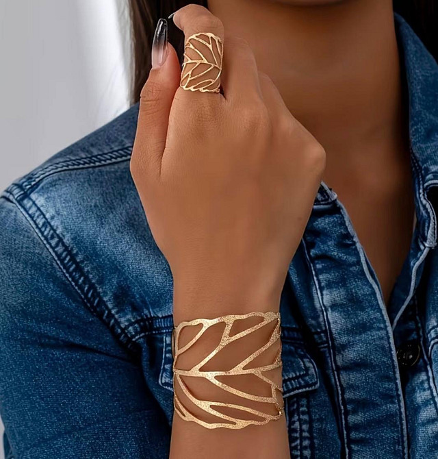 Браслет и кольцо в форме листьев золотистый набор женский открытый браслет манжета Киев - изображение 4