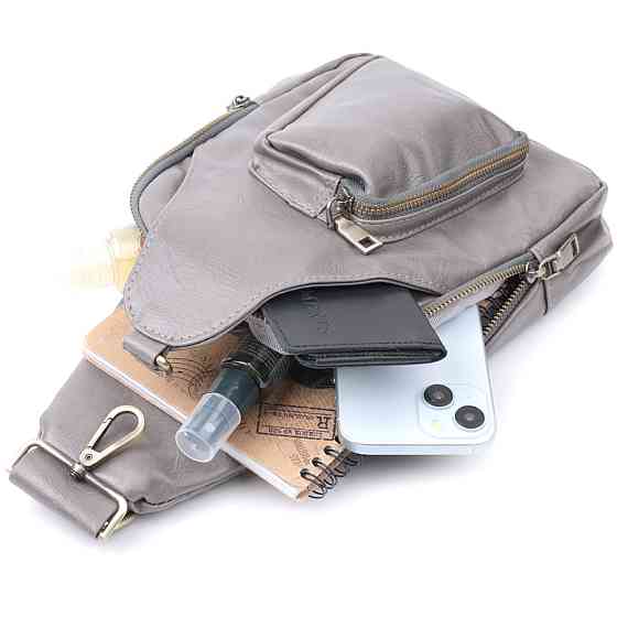 Зручна жіноча сумка з екошкіри з акцентом на текстильну лямку Vintage 22777 Сірий Київ