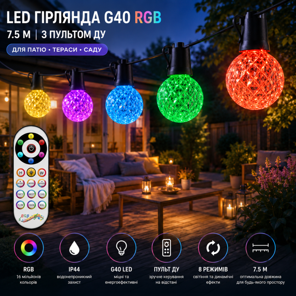 Уличная LED гирлянда G40 RGB (7.5 м) — Водонепроницаемые уличные огни для патио, террасы и сада с пультом ДУ Киев - изображение 7